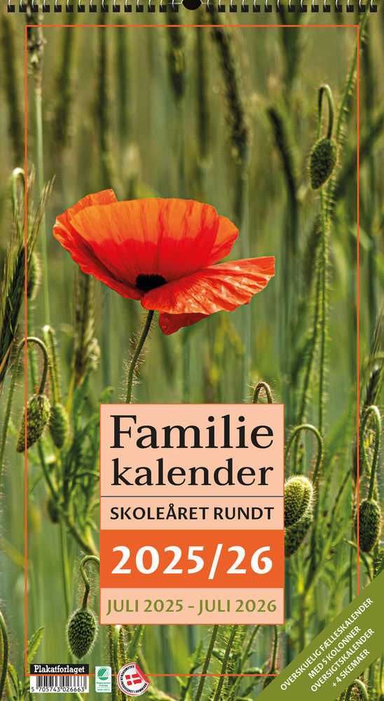 Familiekalender med foto m/5 kolonner SKOLEÅRET RUNDT 2025/26
