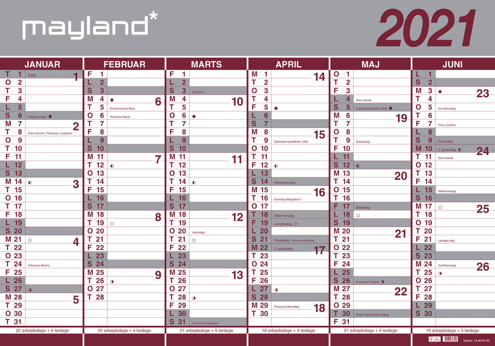 Kalender kæmpe 20/21 Mayland 2x6 mdr. papir rør