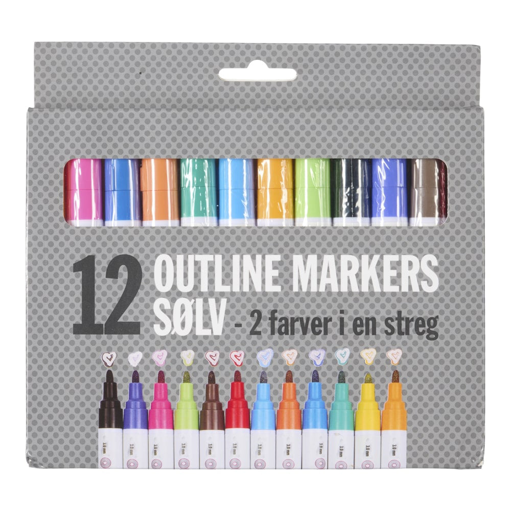Marker outline 3.0 mm 2 i en sølv/farver 12 ass