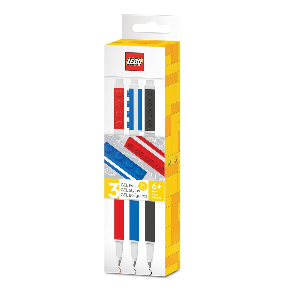 LEGO gelpens, 3 stk. rød, blå og sort i box