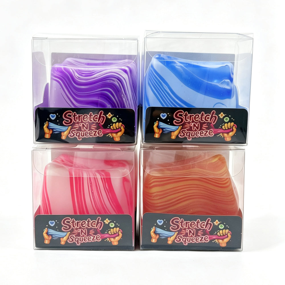 Squishy terning marmoreret pink/lilla/blå/gul ss
