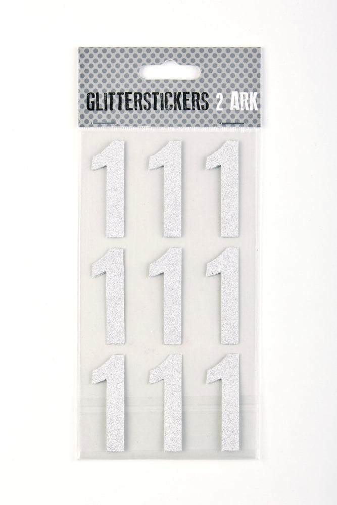 STICKERS GLITTER SØLV TAL 1 M. 2 ARK