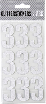 STICKERS GLITTER SØLV TAL 3 M. 2 ARK
