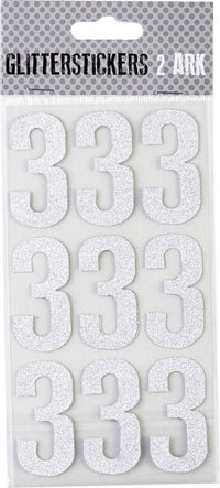 STICKERS GLITTER SØLV TAL 3 M. 2 ARK