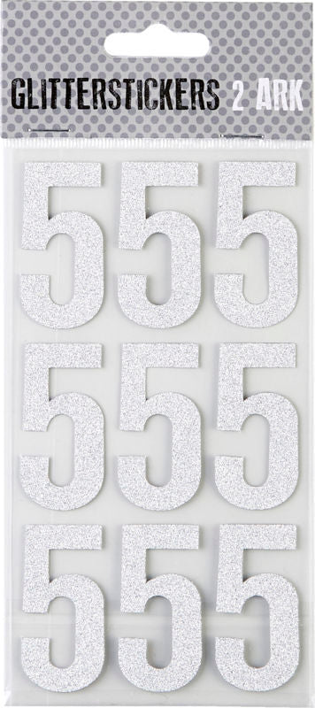 STICKERS GLITTER SØLV TAL 5 M. 2 ARK
