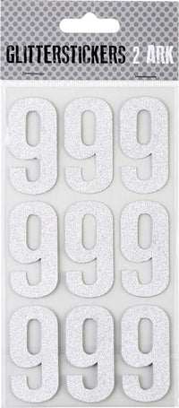 STICKERS GLITTER SØLV TAL 9 M. 2 ARK