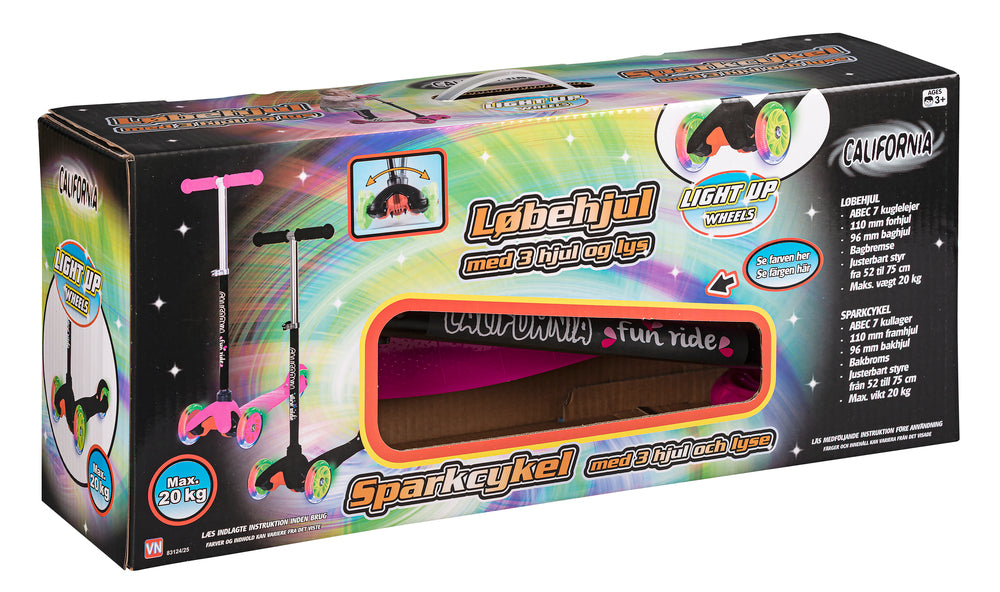 3-hjulet løbehjul med led lys pink