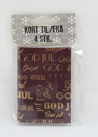KORT TIL/FRA DOBBELT GOD JUL BORDEAUX M/GULD 4 STK