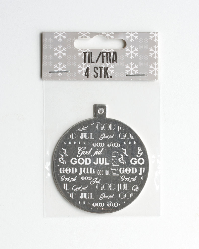 KORT TIL/FRA JULEKUGLE SØLV FOIL 4 STK