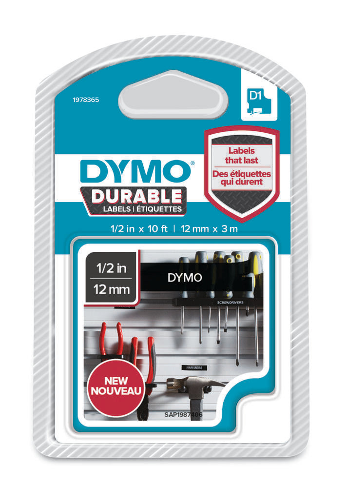Tape dymo d1 durable hvid/sort 12mm x 3m