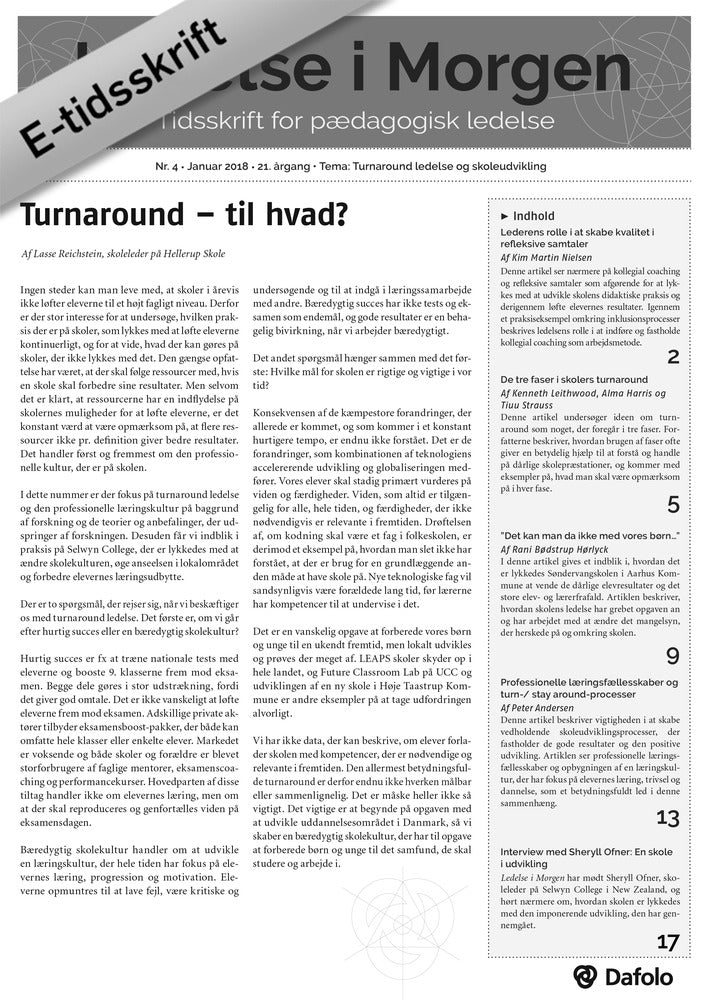 Ledelse i Morgen, Nr. 4. Januar 2018. 21. årgang. Tema: Turnaround ledelse og skoleudvikling