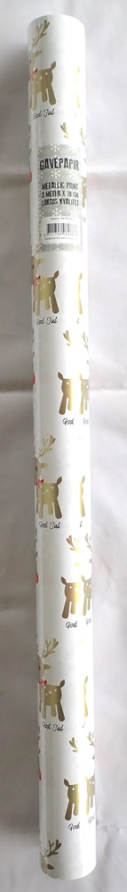 GAVEPAPIR HVID RENSDYR/GOD JUL GULD METALLIC 3 M X 70 CM