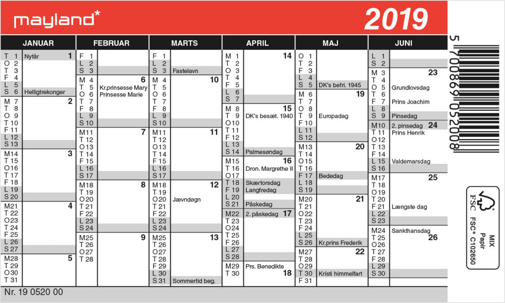 KALENDER MINI  2019 MAYLAND 12 X 7 CM