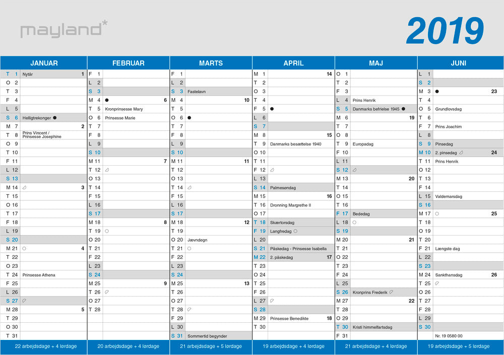 KONTORKALENDER A5 KLASSISK  2019 MAYLAND