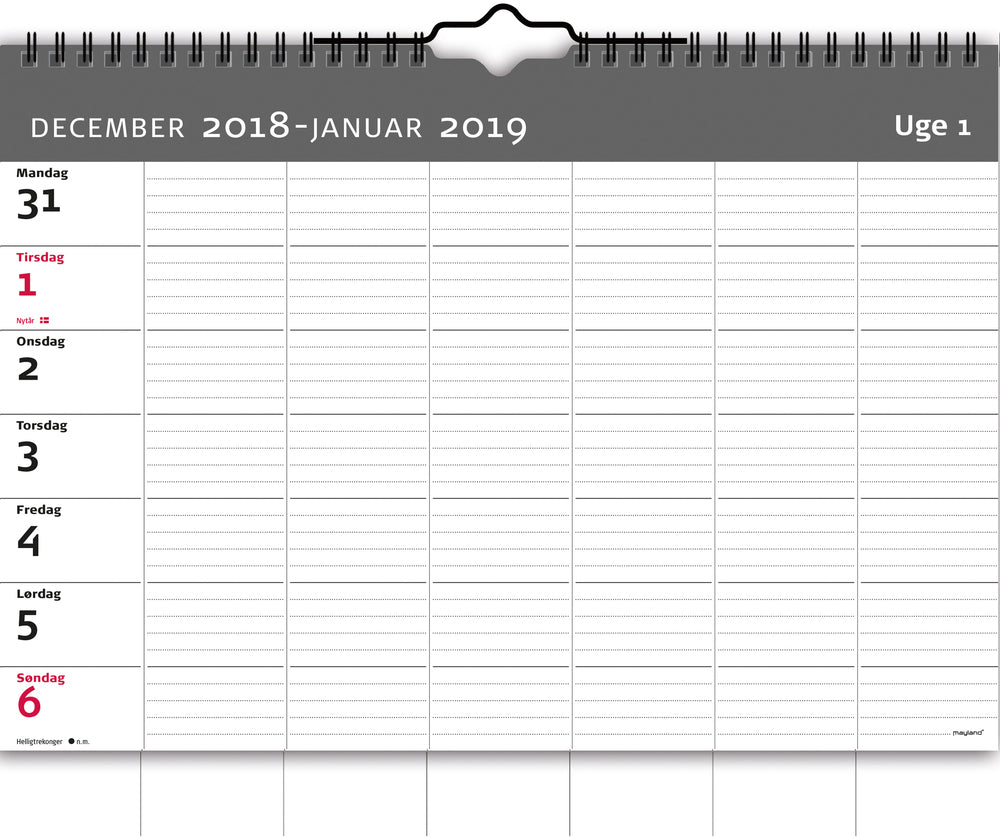 VÆGKALENDER UGE A4  2019 MAYLAND