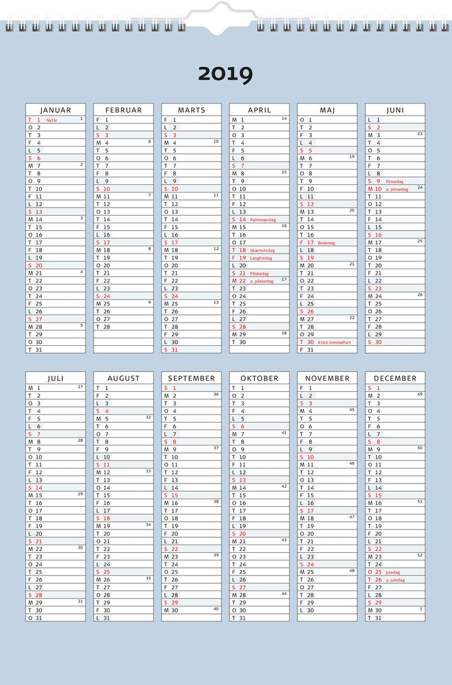 FAMILIE ÅRSKALENDER 4 KOLONNER, 2019 MAYLAND
