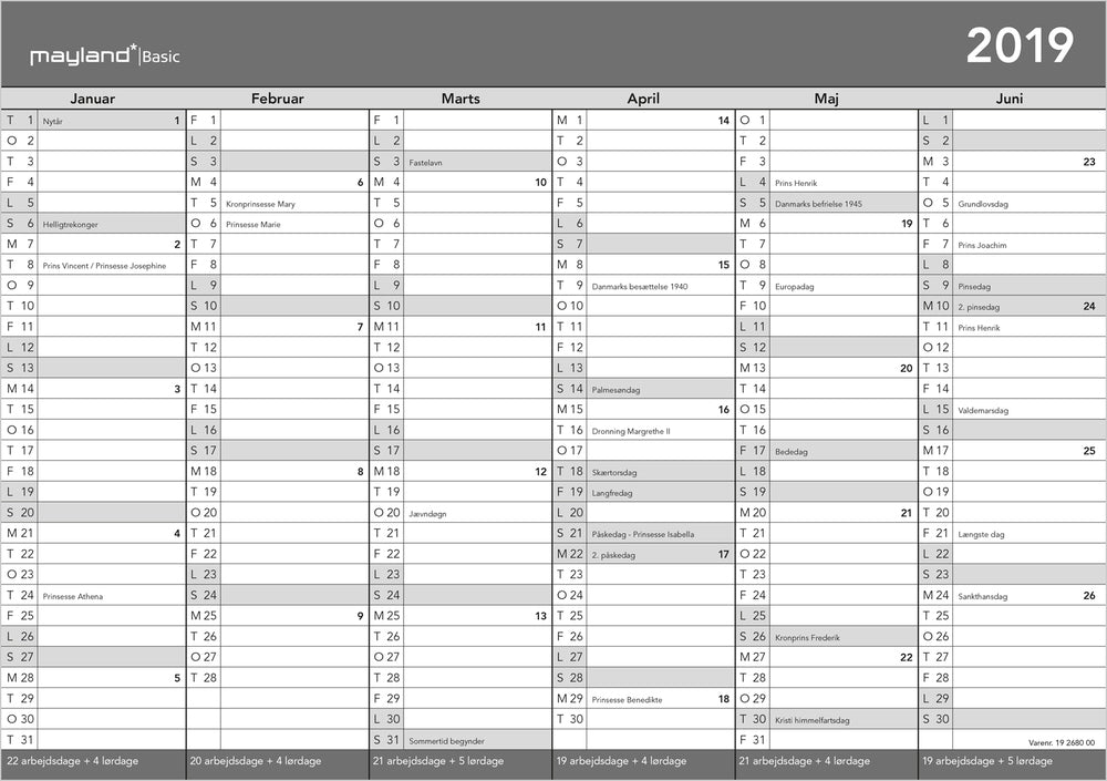 BASIC A4 KONTORKALENDER  2019 MAYLAND