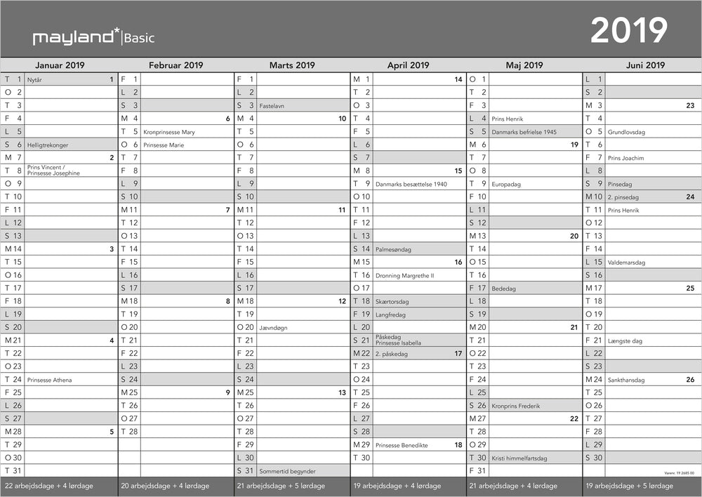 BASIC A3 KONTORKALENDER  2019 MAYLAND