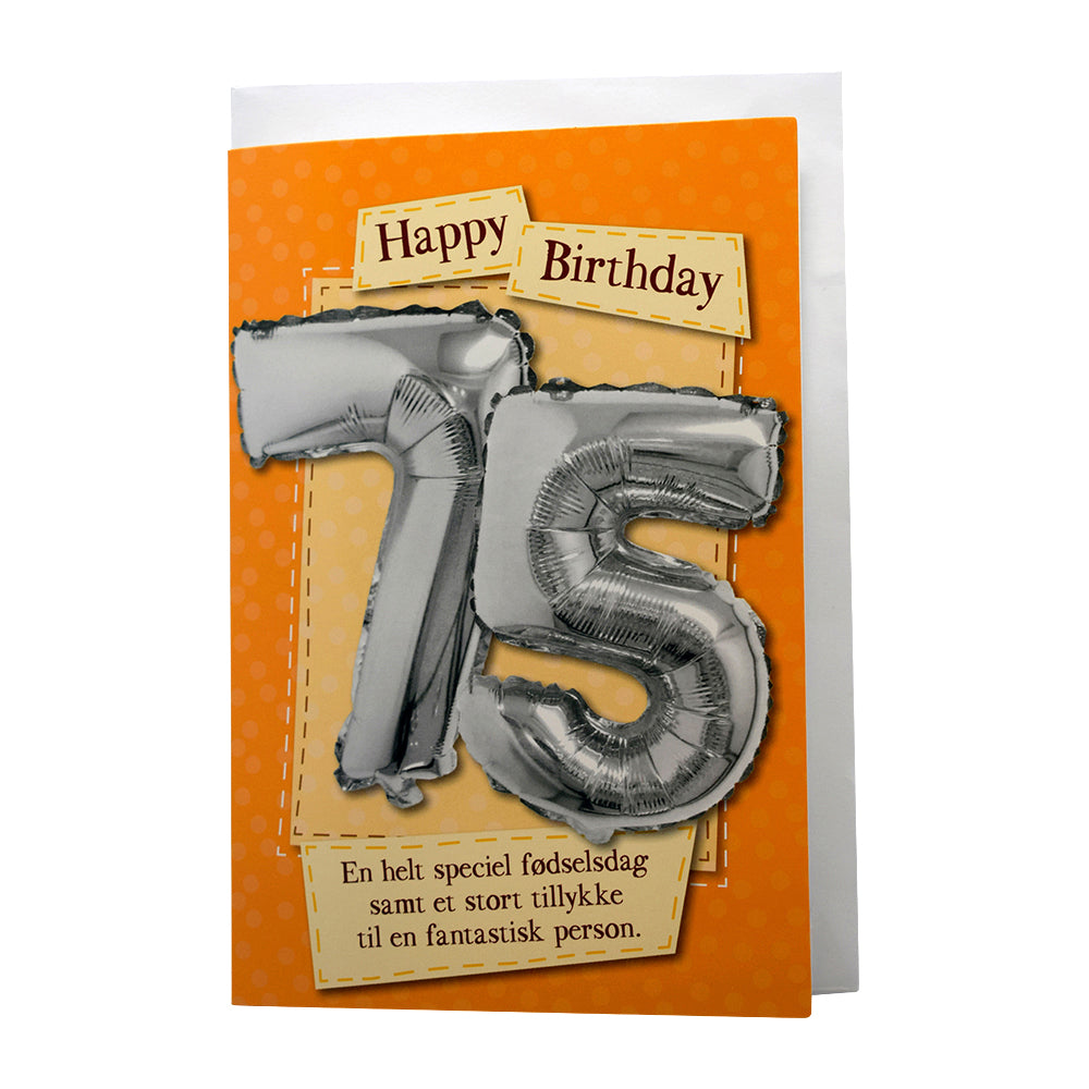 KORT FØDSELSDAG M/ BALLONTAL 75 ORANGE