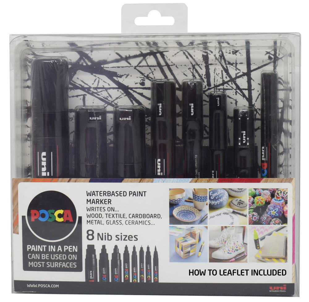 Paintmarker Uni POSCA nib size sæt sort 8 stk