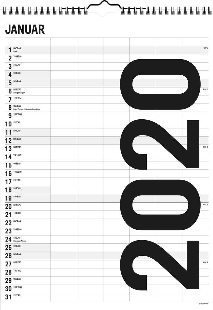 FAMILIEKALENDER SORT/HVID 6 KOL.  2020 MAYLAND