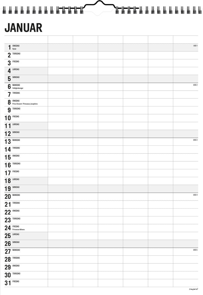 FAMILIEKALENDER SORT/HVID 6 KOL.  2020 MAYLAND