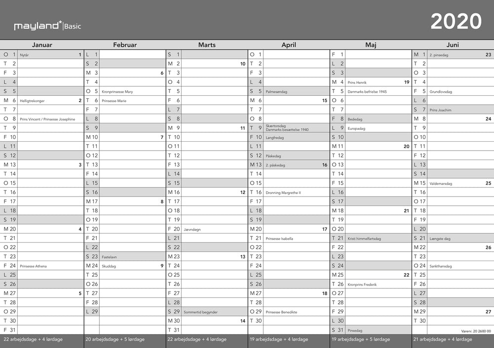 BASIC A4 KONTORKALENDER  2020 MAYLAND
