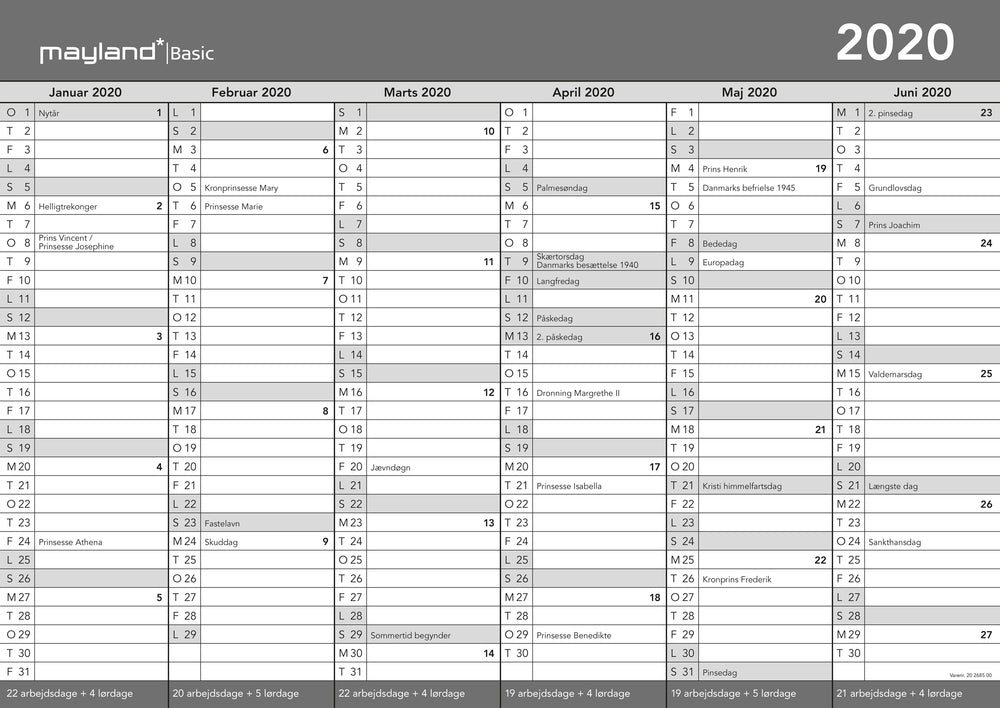BASIC A3 KONTORKALENDER  2020 MAYLAND