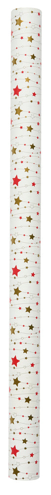 GAVEPAPIR METALLIC RØD/GULD STJERNER PÅ RANKER 3 M X 70 CM