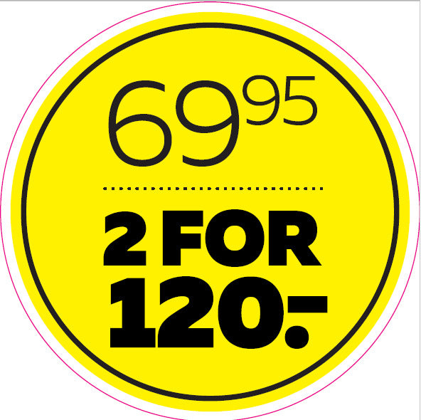 Etiket 69,95 2/120,- 2/120,- gul ø40mm /100 stk