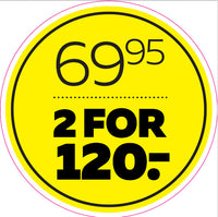 Etiket 69,95 2/120,- 2/120,- gul ø40mm /100 stk