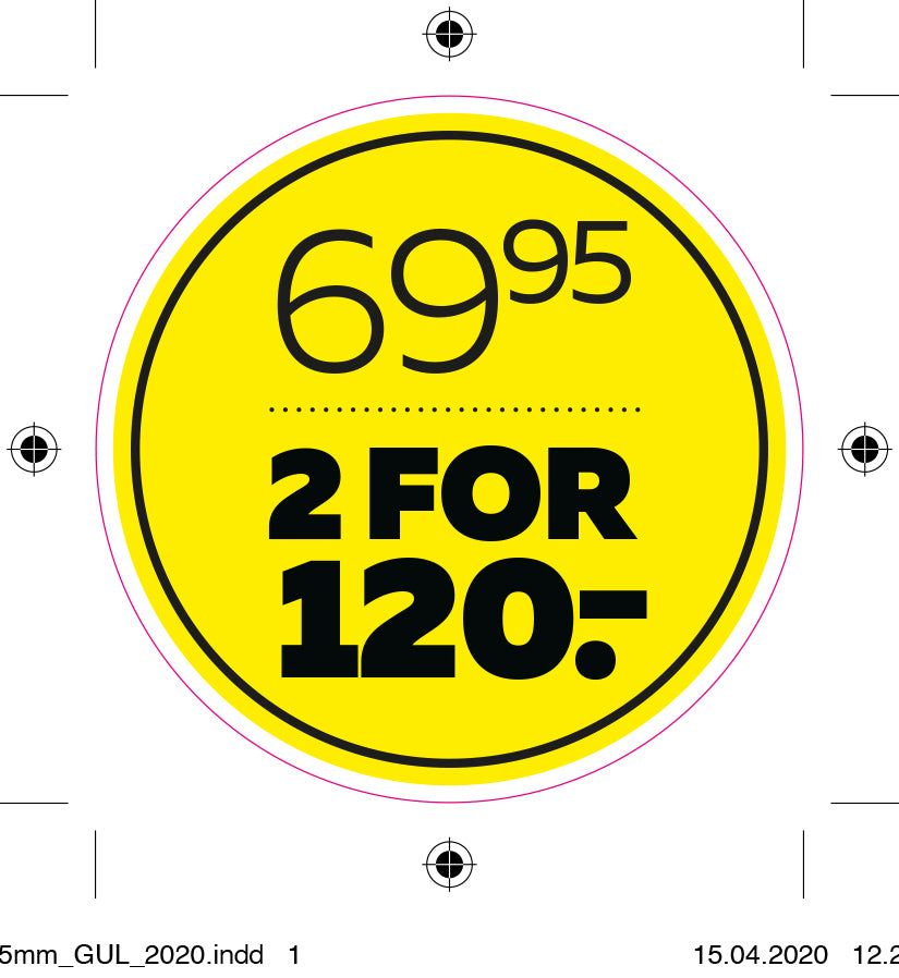 Etiket 69,95 2/120,- 2/120,- gul ø40mm /100 stk