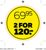 Etiket 69,95 2/120,- 2/120,- gul ø40mm /100 stk