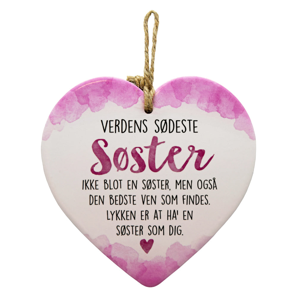 Keramikhjerte søster enjoy hvid og rosa