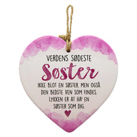 Keramikhjerte søster enjoy hvid og rosa