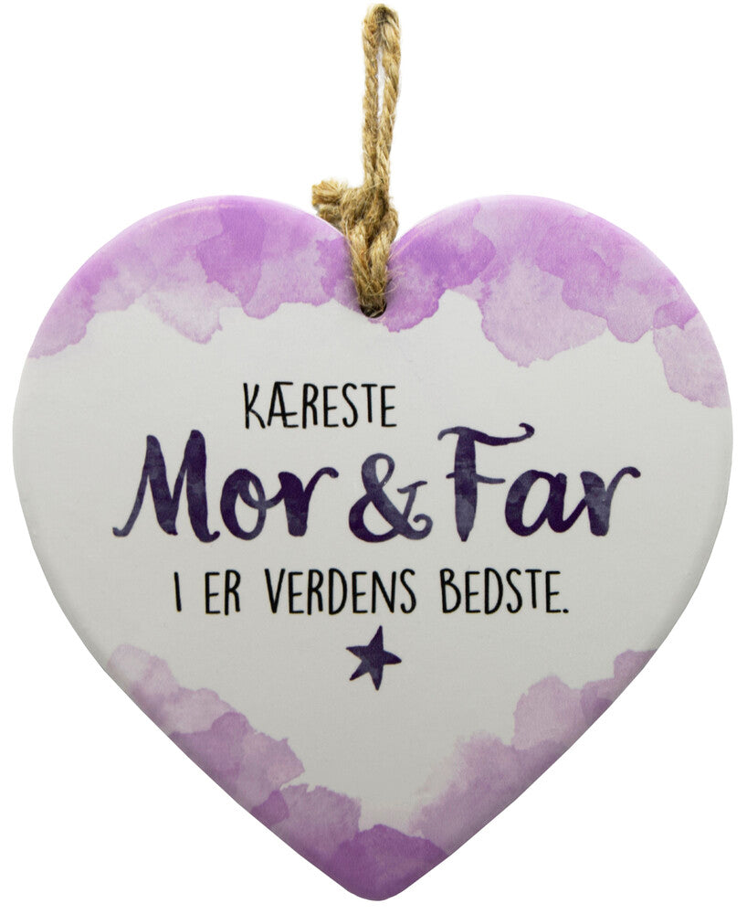 Keramikhjerte mor & far enjoy hvid & lilla 15,5 x 15,5 cm