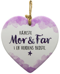 Keramikhjerte mor & far enjoy hvid & lilla 15,5 x 15,5 cm