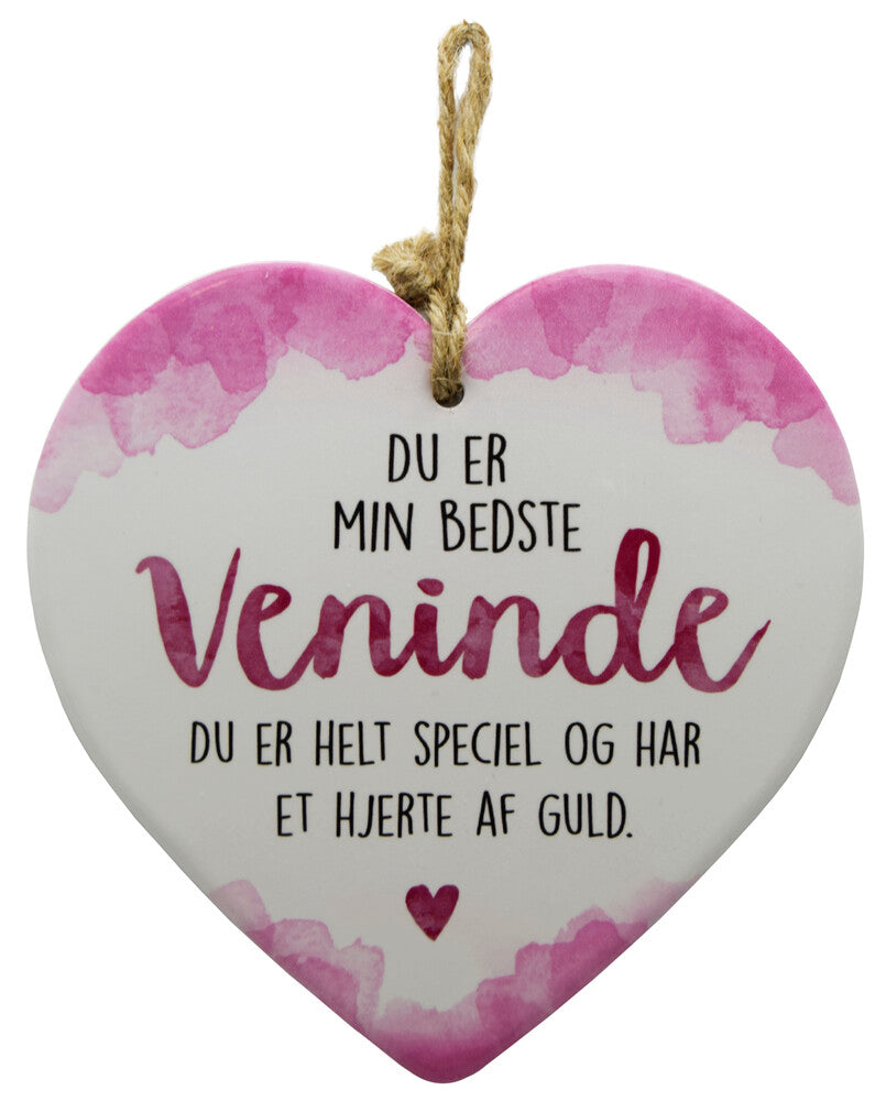 Keramikhjerte veninde enjoy hvid & rosa 15,5 x 15,5 cm