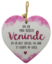 Keramikhjerte veninde enjoy hvid & rosa 15,5 x 15,5 cm