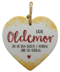 Keramikhjerte oldemor enjoy hvid & gul 15,5 x 15,5 cm
