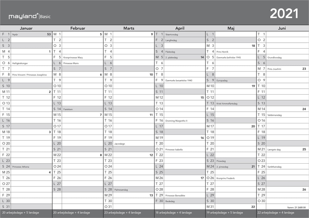 Basic A4 kontorkalender 2021 Mayland