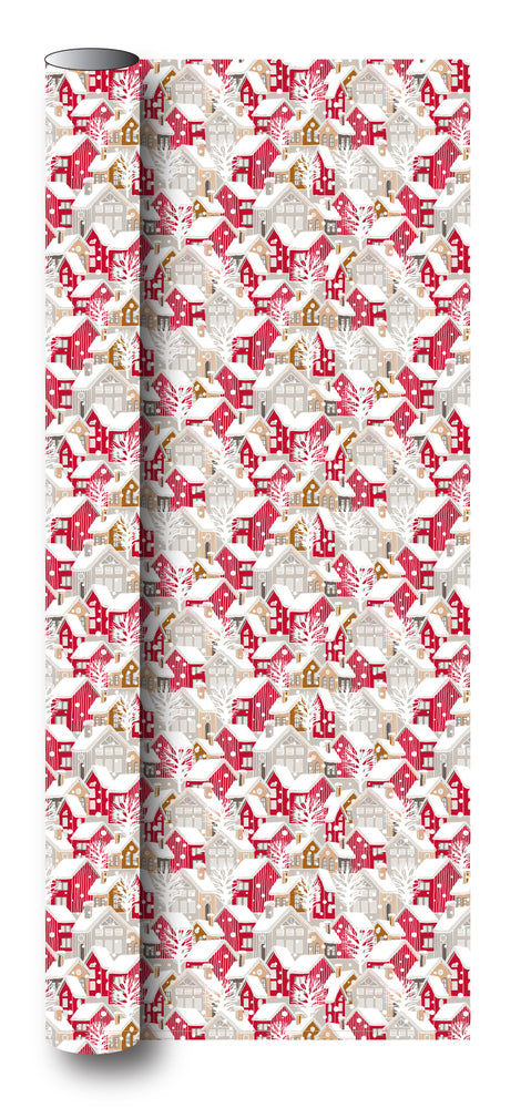 Gavepapir hvid huse rød/natur/grå 3 m x 70 cm