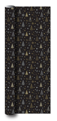 Gavepapir sort m/juletræer metallic guld/sølv 3 m x 70 cm