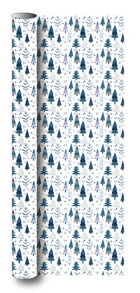 Gavepapir hvid m/blå/sølv metallic juletræ   3 m x 70 cm