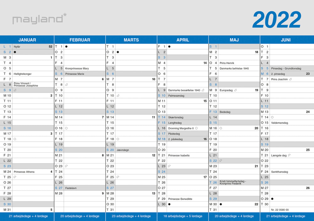 Kontorkalender A5 klassisk 2022 21 x 15 cm Mayland