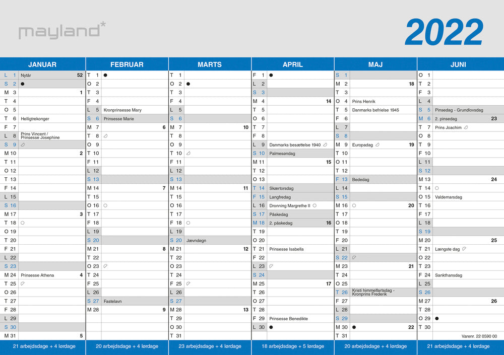 Kontorkalender A4 klassisk 2022 30 x 21 Mayland