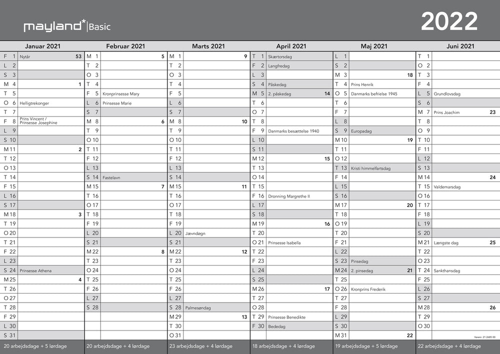 Basic A3 kontorkalender 2022 Mayland