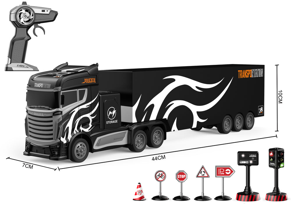 Rc lastbil med trailer og skilte