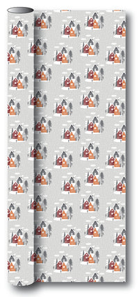 Gavepapir grå huse/træer rød/grå/orange  3 m x 70 cm