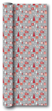 Gavepapir grå pakker/juletræer rød/hvid 3 m x 70 cm